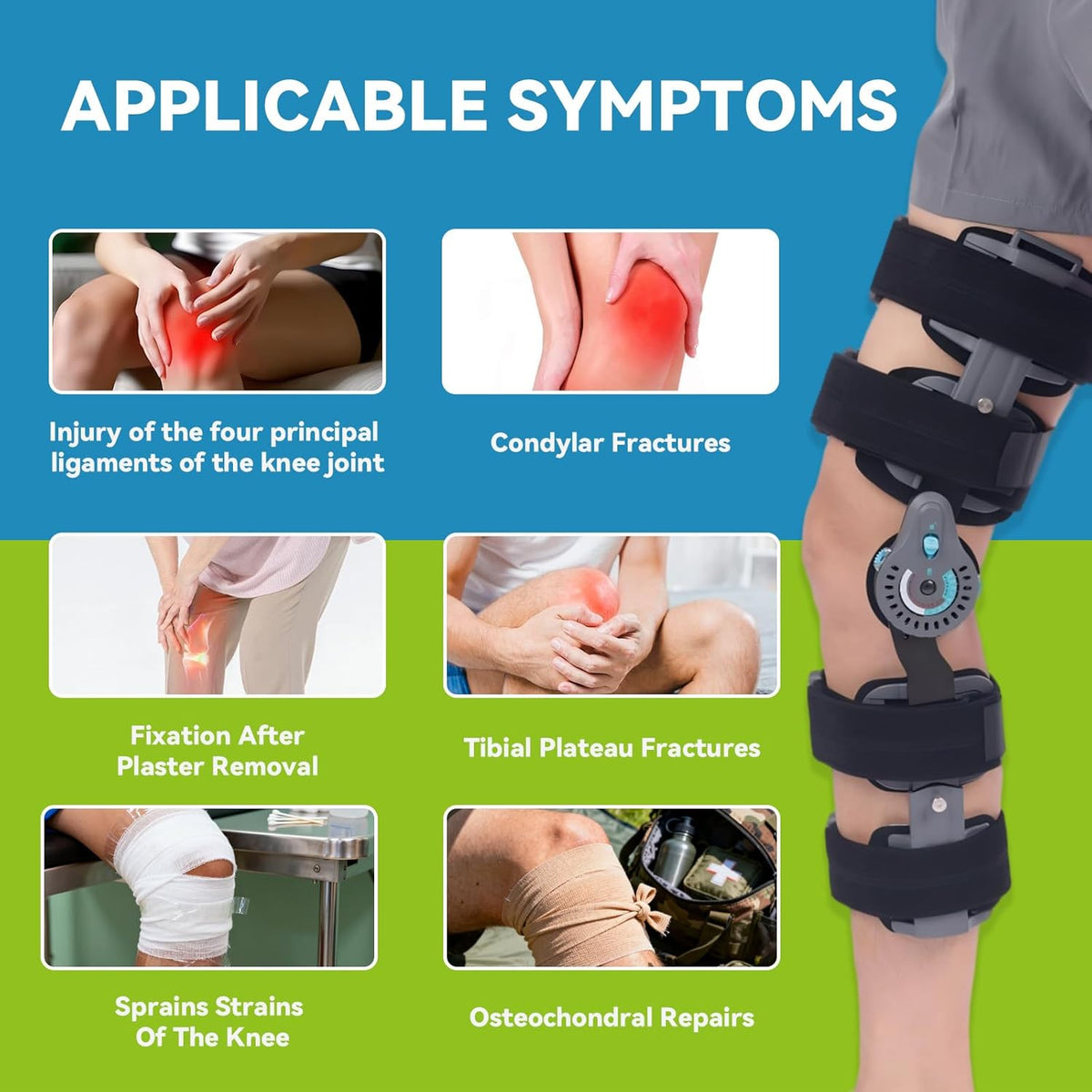 Komzer Hinged Knee Brace, Post Op ROM Immobilizer Orthopedic Rehabilitation Brace for ACL, MCL, Meniscus Tear Recovery and Adjustable Stabilizer for Men & Women, Universal Fit Stabilizer for Left/Right Leg