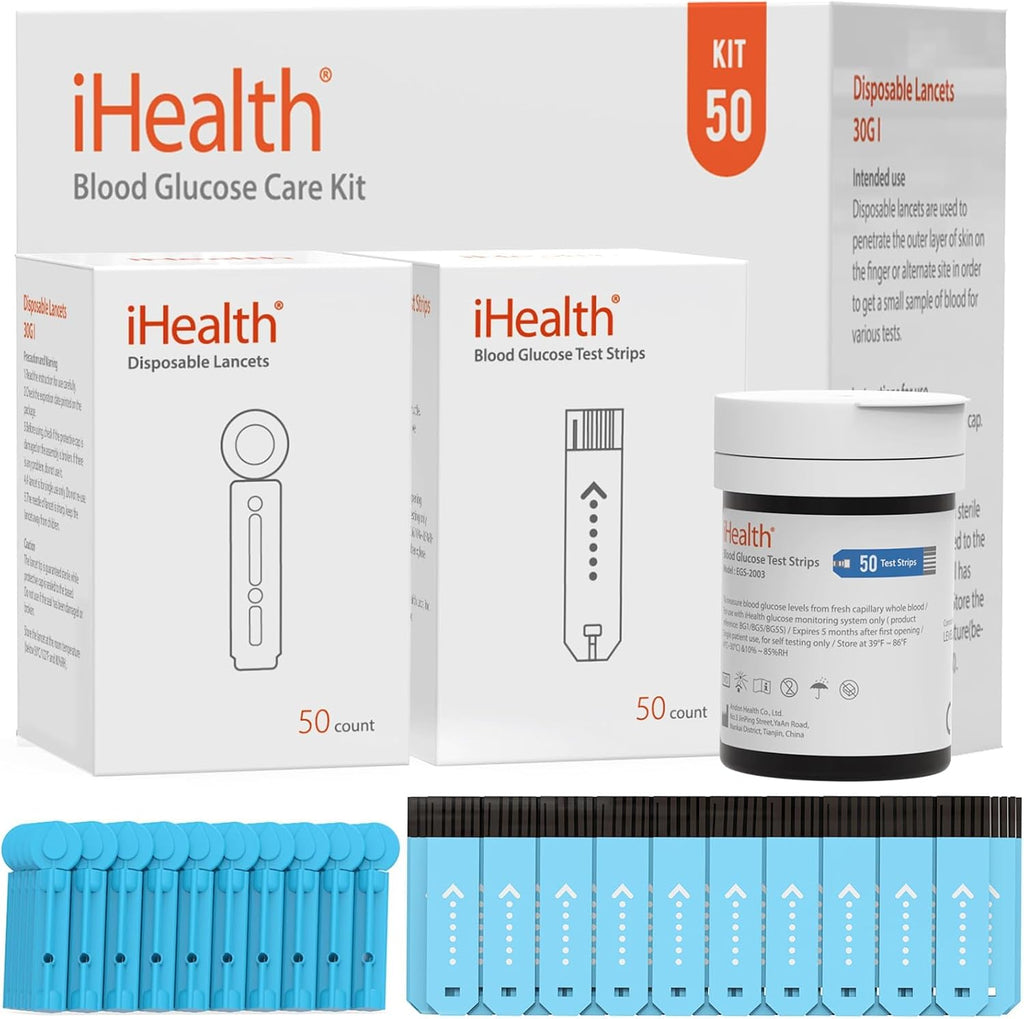 iHealth Glucose Test Strips & Lancets, 50 Each, No Coding | Compatible with iHealth Meters Only, 0.7 µL Sample, 5-Second Results, Blood Sugar Test Strips