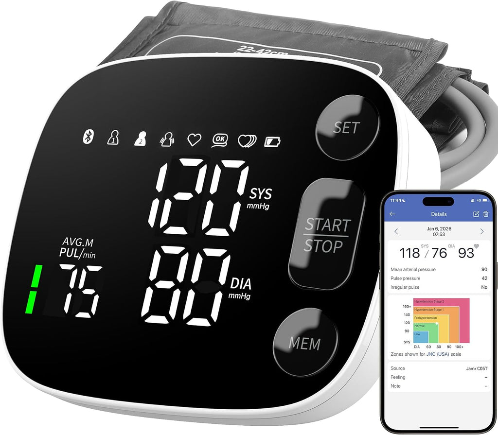 Oklar Blood Pressure Monitor Bluetooth Upper Arm BP Machine for Home Use | FDA-Cleared, Clinical Accuracy, App Sync, 2x120 Memory, Large LED Backlit Display, 8.7-16.5" Adjustable Cuff with Storage Bag