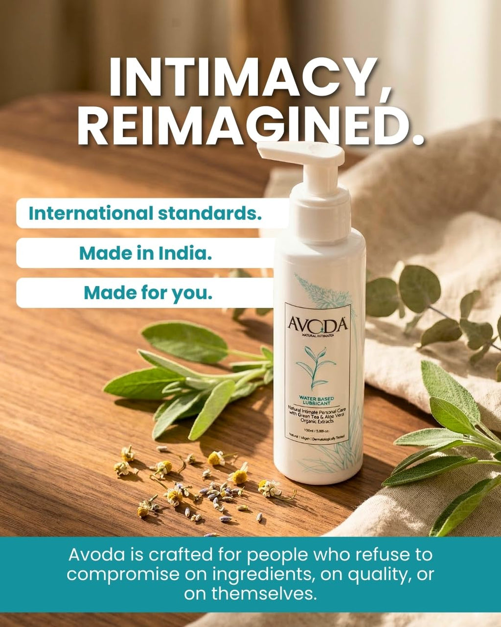 Avoda Natural Intimates Water Based Personal Lubricant Gel 100ml for Couples (Organic Extracts, Dermatologically Tested)