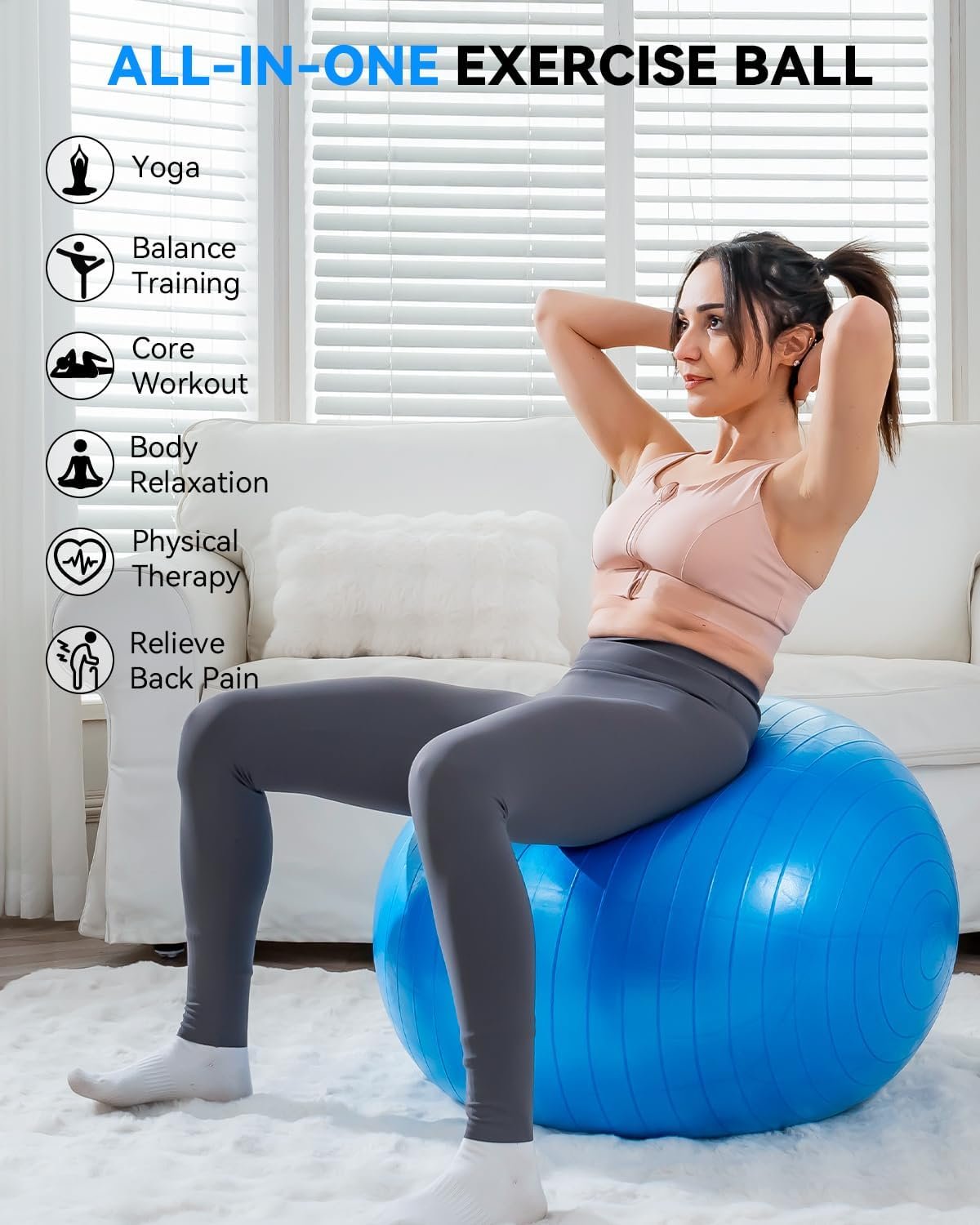 Exercise Ball - Anti-Burst Yoga Ball for Pilates, Pregnancy & Core Stability - Ergonomic Office Desk Ball Chair & Physical Therapy Equipment, Quick Pump Included