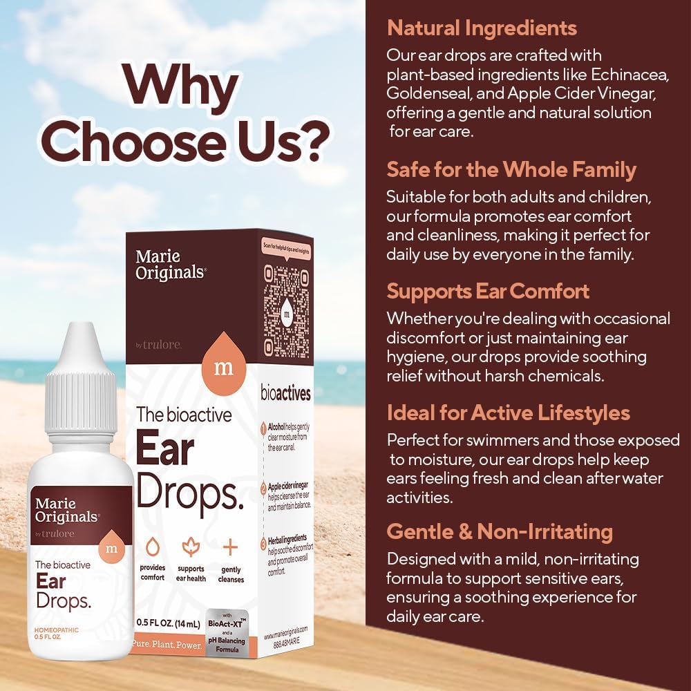 Marie Originals Natural Ear Drops for Ear Cleaning, Adults & Kids, 0.5 oz | Ear cleaning drops for dry, itchy ears and everyday ear care; plant-based formula ideal for adults, kids and swimmers