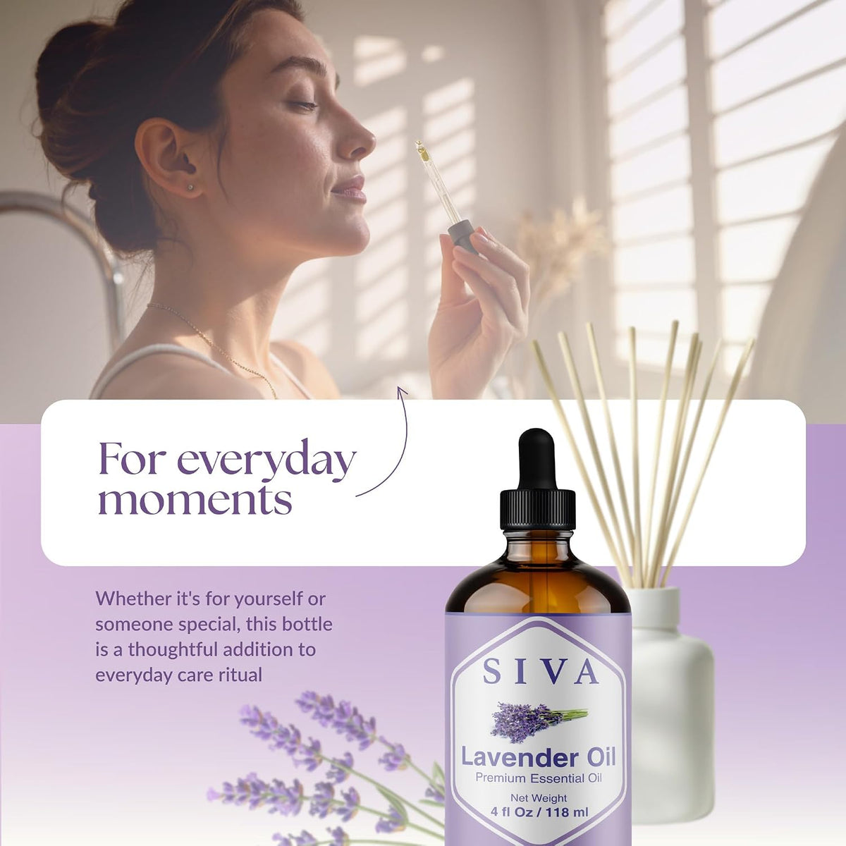 Siva Lavender Essential Oil, Glass Bottle with Dropper, 4 Fl Oz (118 ml) | Lavender Oil for Diffuser, Humidifier, Linen Spray, Skin Care, Hair Care, Body Massage, Soap, Candle, Bath Salt & DIY Blends