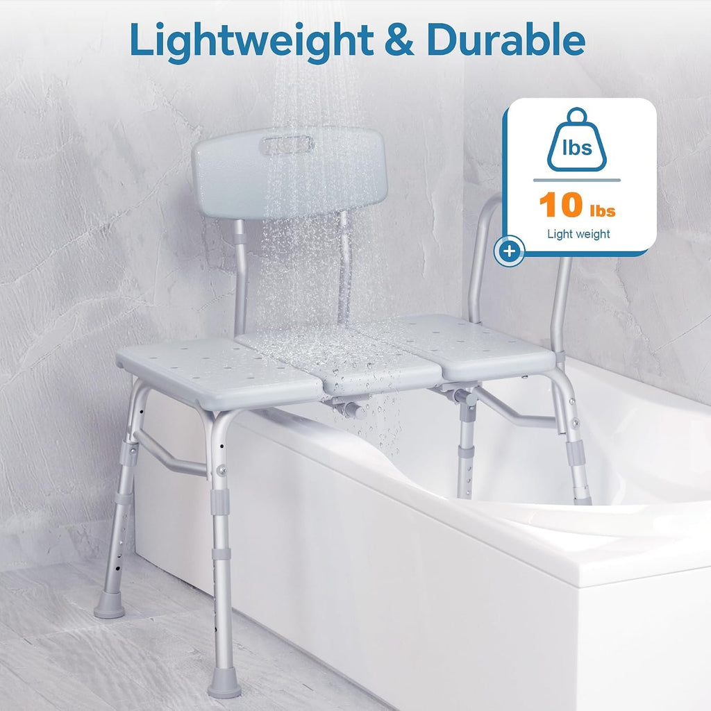 HOMLAND Tub Transfer Bench with Backrest for Bathtub, Height Adjustable | 400 lbs, Slip-Resistant Feet, Sturdy Aluminum Heavy Duty Shower Chair, Safer Bathing Aid Bench for Elderly and Disabled