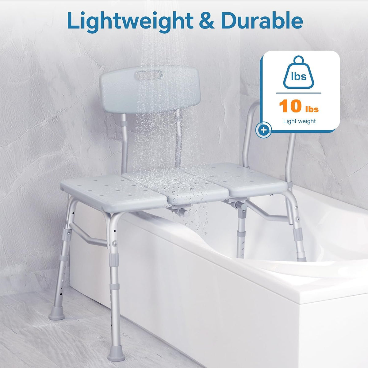 HOMLAND Tub Transfer Bench with Backrest for Bathtub, Height Adjustable | 400 lbs, Slip-Resistant Feet, Sturdy Aluminum Heavy Duty Shower Chair, Safer Bathing Aid Bench for Elderly and Disabled