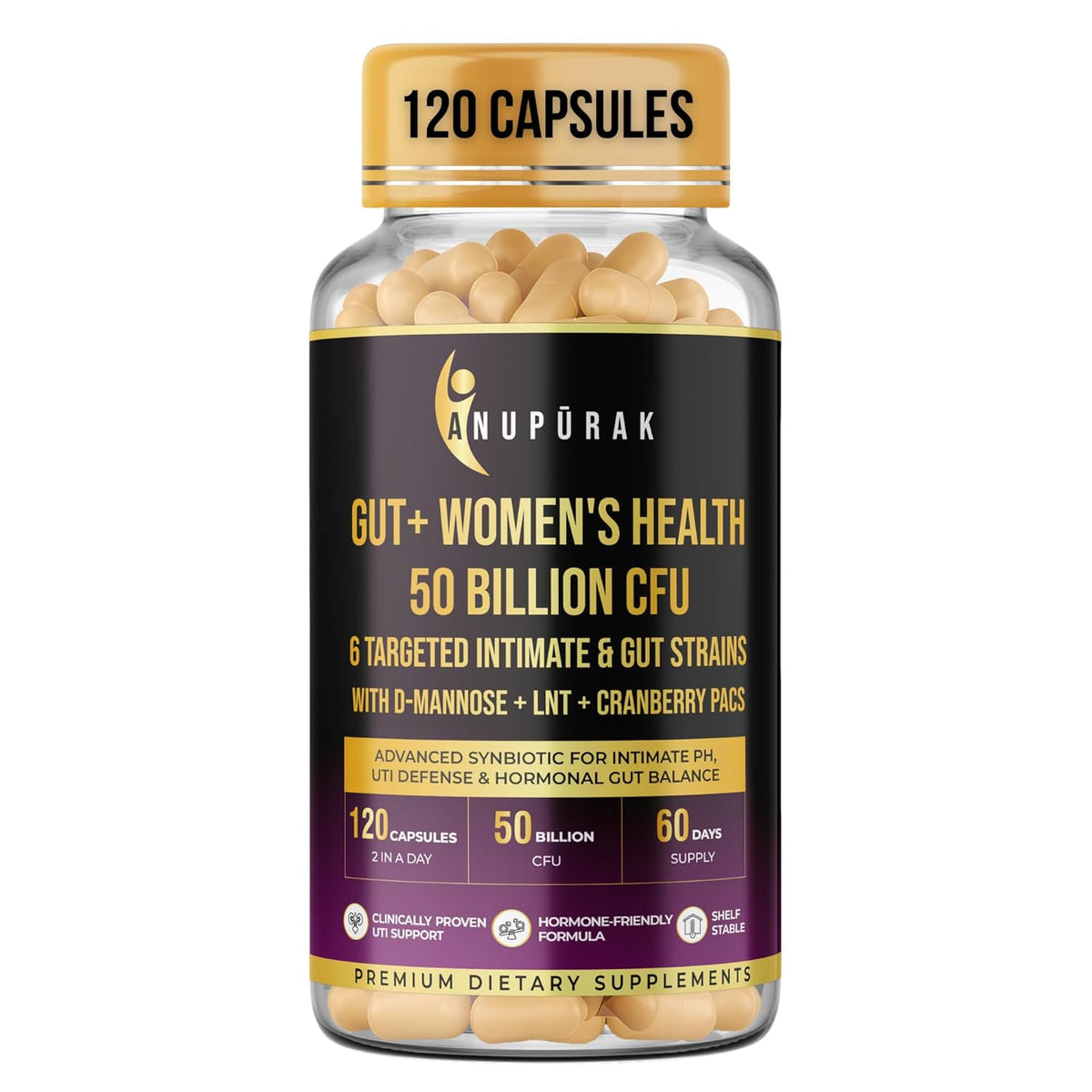 Women's Probiotic 50 Billion CFU | Vaginal, Urinary Microbiome & Gut Health Support | 6 Strains Probiotic for Women with D-Mannose + Cranberry + LNT Prebiotic | 120 Capsules (60-Days)