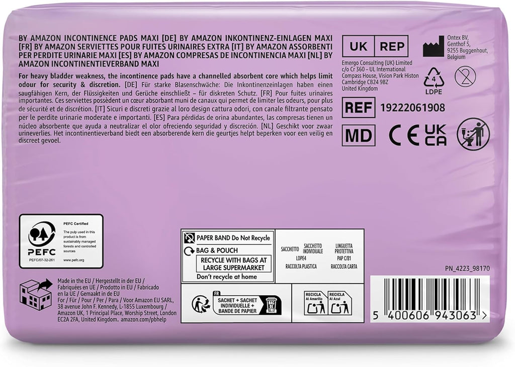 by Amazon Maxi Incontinence Pads, Fragrance Free - 48 Count (6 Packs of 8), (Formerly an Amazon Basic Care Brand, Packaging May Vary)