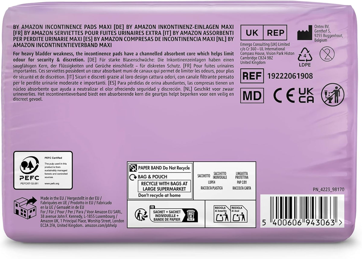 by Amazon Maxi Incontinence Pads, Fragrance Free - 48 Count (6 Packs of 8), (Formerly an Amazon Basic Care Brand, Packaging May Vary)