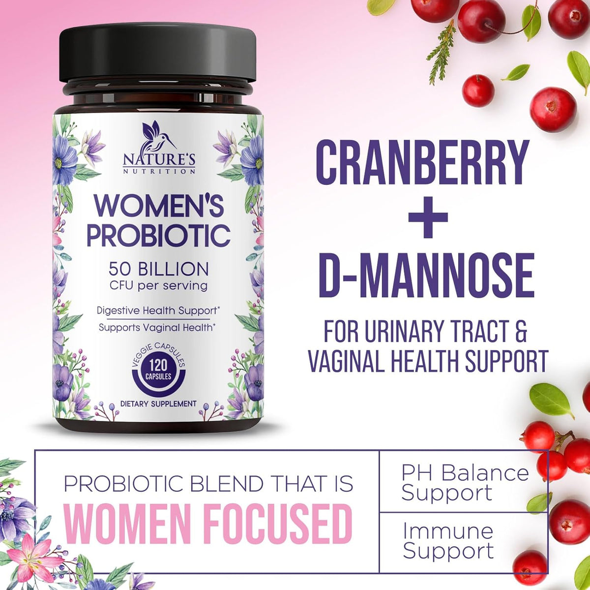 Women’s Probiotics 50 Billion CFU Guaranteed, Vegan Probiotic Strains, Supports Womens Digestive, Immune, Vaginal, & Urinary Health, Delayed Release, No Soy Gluten Nature's Probiotic - 120 Capsules