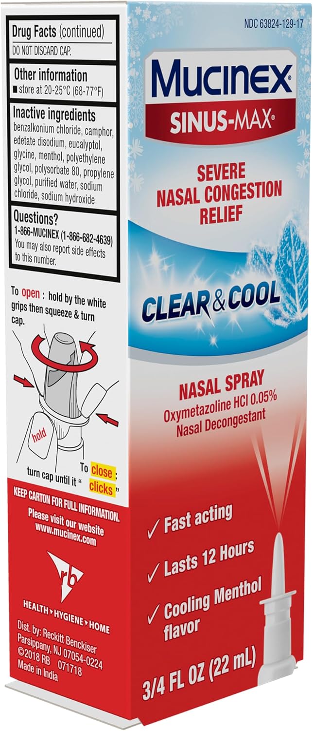 Mucinex Sinus-Max Nasal Spray Decongestant, 12 Hour Over-The-Counter Medication Nose Spray for Sinus Relief, Nasal Decongestants for Adults & Sinus Congestion, Clear & Cool 3/4 Fl Oz(22ML)