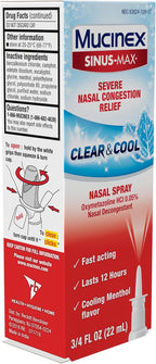 Mucinex Sinus-Max Nasal Spray Decongestant, 12 Hour Over-The-Counter Medication Nose Spray for Sinus Relief, Nasal Decongestants for Adults & Sinus Congestion, Clear & Cool 3/4 Fl Oz(22ML)