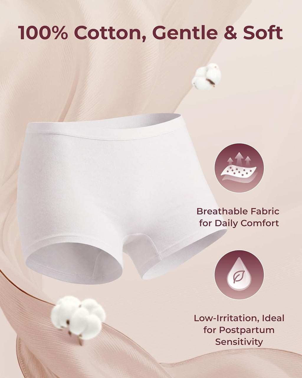 Momcozy 7 Pcs 100% Cotton Postpartum Underwear for Women, Breathable Mid-High Waist Disposable Underwear with Wide Gusset