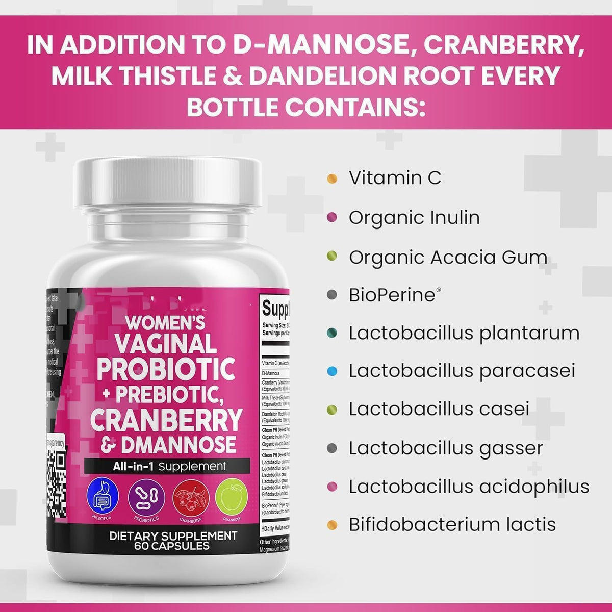 Women's Probiotics with Digestive Enzymes & Prebiotics | 100 Billion CFUs per Serving | Cranberry & D-Mannose for Urinary and pH Balance | 60 Vegetari