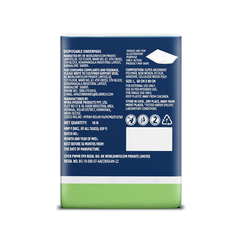 Amazon Brand - Solimo Classic Disposable Underpads | Large Size | Count 10 | 90 X 60 cm | High Absorbancy | Super Soft | Unisex | for Men & Women