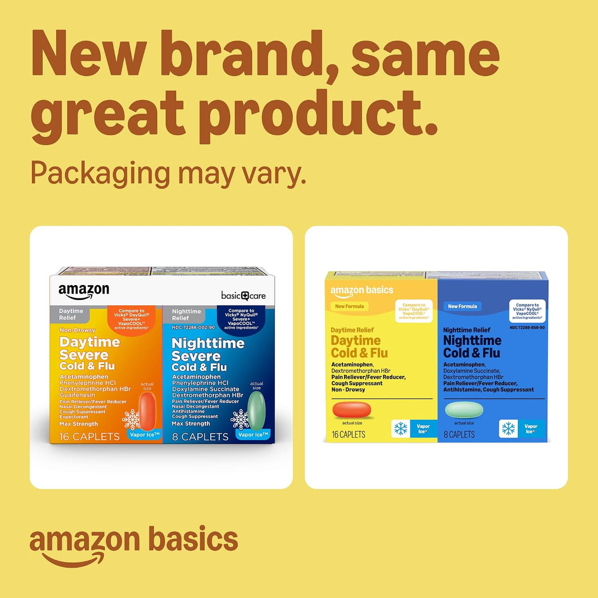 Amazon Basics Vapor Ice Daytime and Nighttime Severe Cold and Flu, Coated Caplets, Combo Pack, 24 Count (Previously Amazon Basic Care)