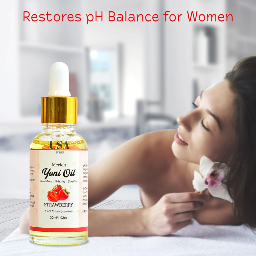 MERICH Natural Yoni Oil for Women | pH Balancing Vaginal Detox Oil, Strawberry | Rejuvenating Formula for Dark Spots & Ingrown Hair | Odor Eliminator & Gentle Cleansing Feminine Care | 1 oz
