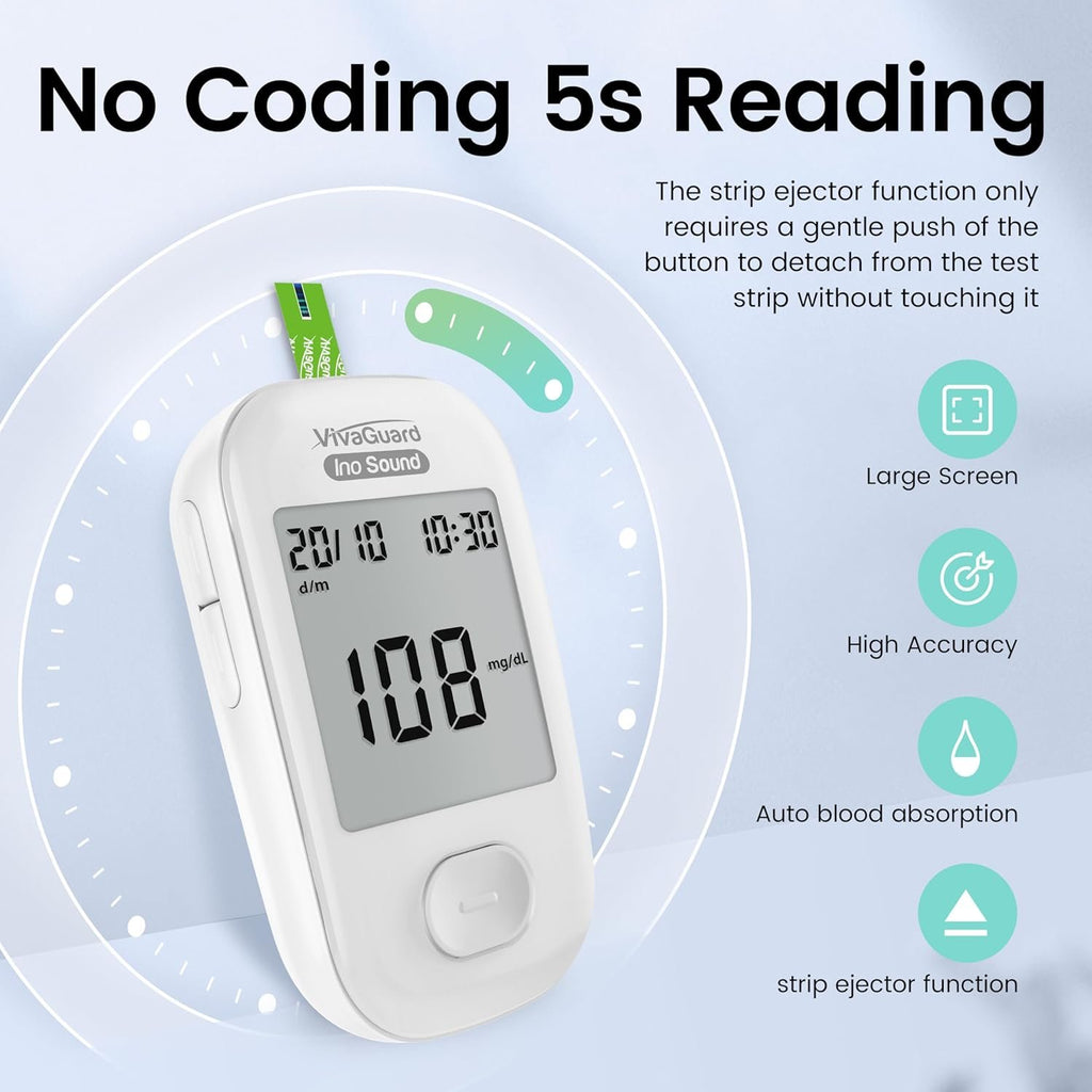 VivaGuard Talking Blood Glucose Monitor Kit, 100 Strips & 100 Lancets | Voice Guidance for Senior and Poor Vision, 1000 Large Memory, No Coding, Large Display,Carrying Case Portable for Travel