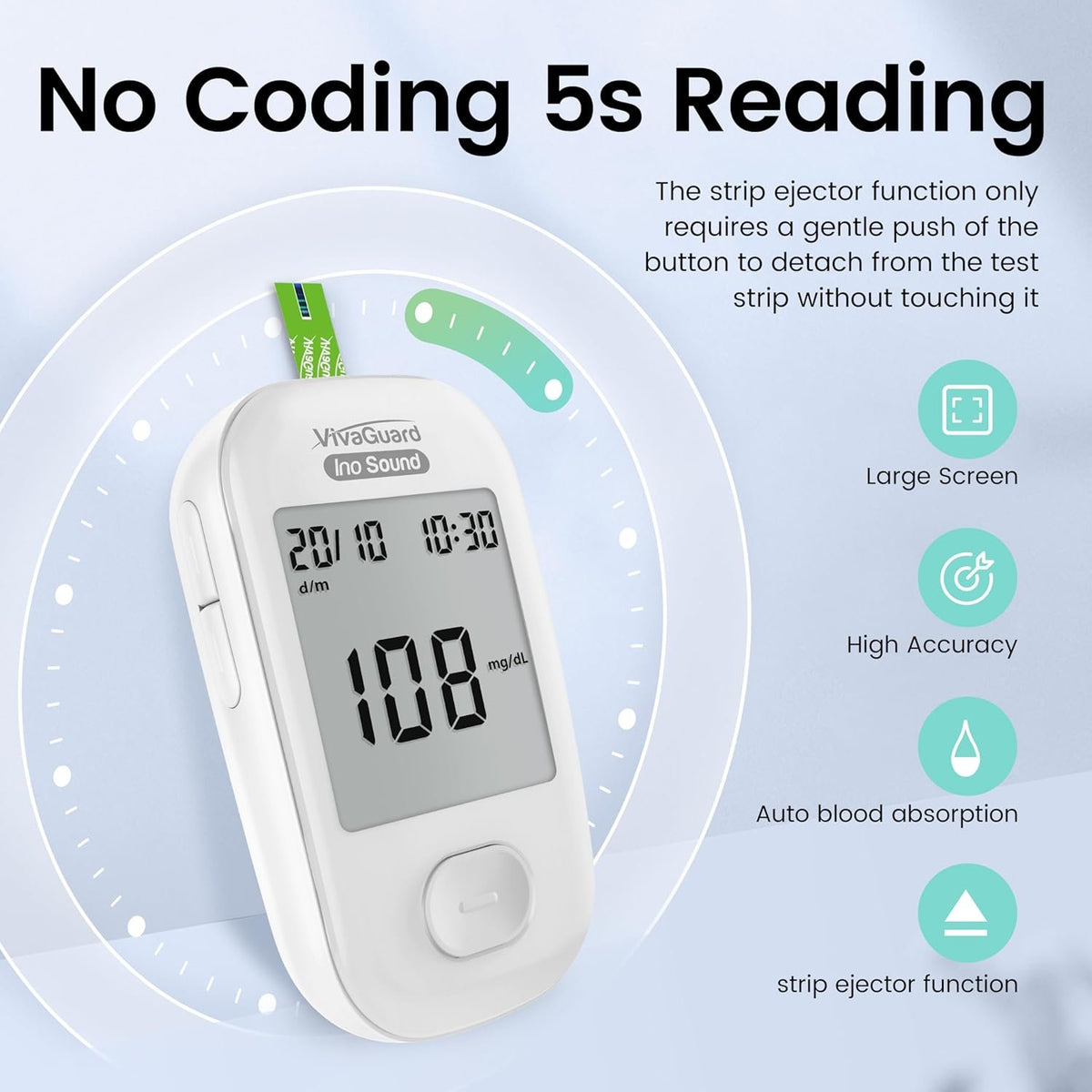 VivaGuard Talking Blood Glucose Monitor Kit, 100 Strips & 100 Lancets | Voice Guidance for Senior and Poor Vision, 1000 Large Memory, No Coding, Large Display,Carrying Case Portable for Travel