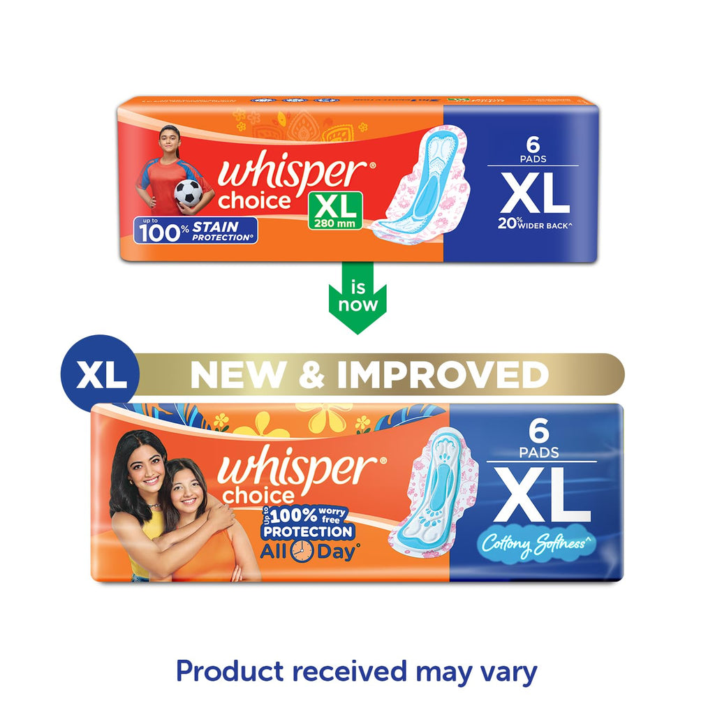 Whisper Choice XL, 6 XL Pads for medium to heavy flow, Gives Up to 100% worry-free protection all day