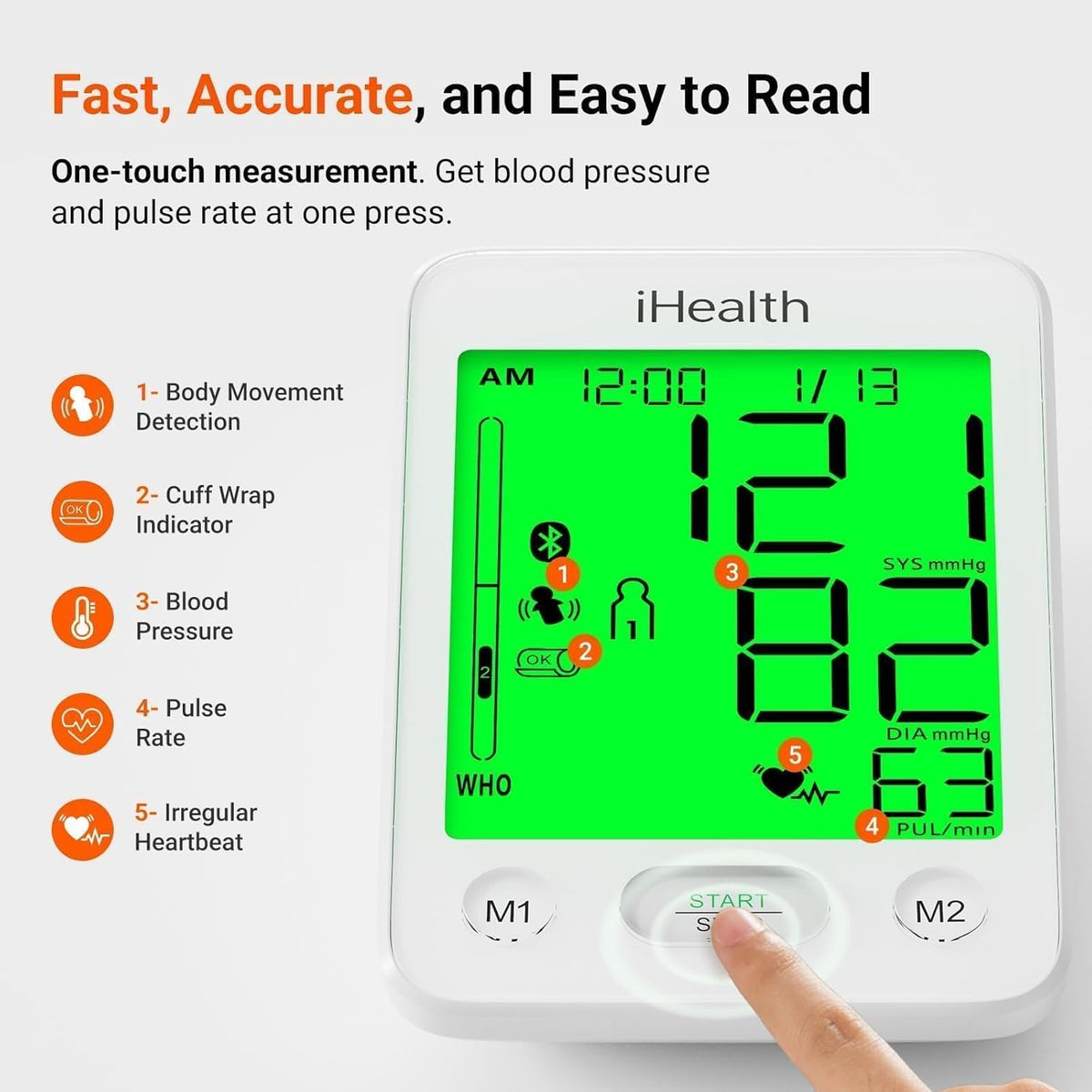 iHealth Accu Bluetooth Upper Arm Blood Pressure Monitor for Home Use | Smart BP monitor with 8.7-16.5 in BP Cuff for large arms, easy-to-read LCD, 2-user memory, Body & Cuff Detection, White