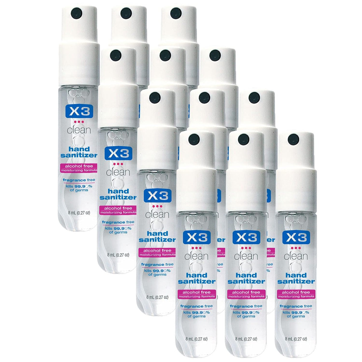X3 Clean Mini Hand Sanitizer Spray – Alcohol Free and Fragrance Free - Pocket Size 0.27 Ounce Bottles (Pack of 12)