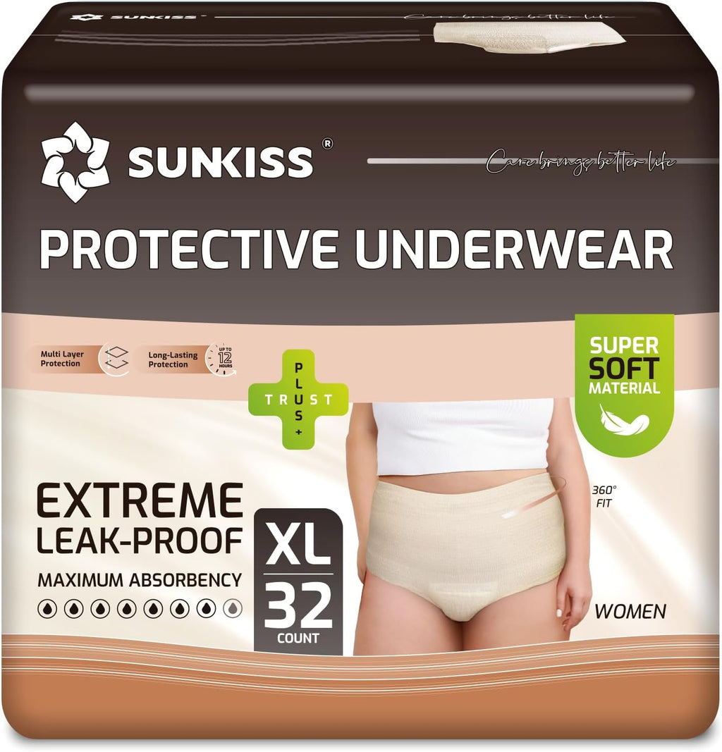 SUNKISS Women Incontinence Underwear, Daytime Disposable Postpartum Adult Panties, Protective Pull Ups with Maximum Absorbency, XLarge, Beige, 32 Count