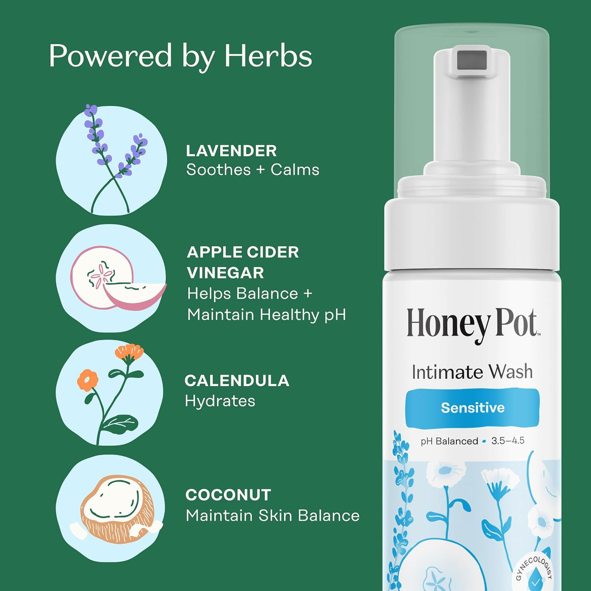 The Honey Pot Company - Feminine Wash - Sensitive - pH Balanced | Herbal Infused Plant-Based Feminine Care for Sensitive Skin - Daily Intimate Cleanser for Women - 5.51 Fl Oz