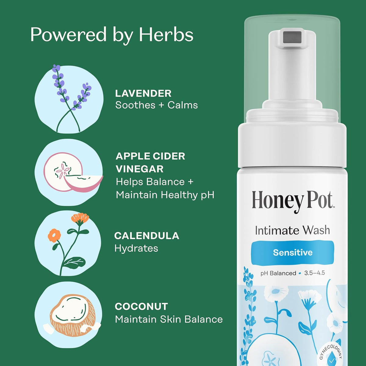 The Honey Pot Company - Sensitive Feminine Wash - Herbal Infused - PH Balanced Plant Based Natural Hygiene Products - 5.51 Fluid Oz