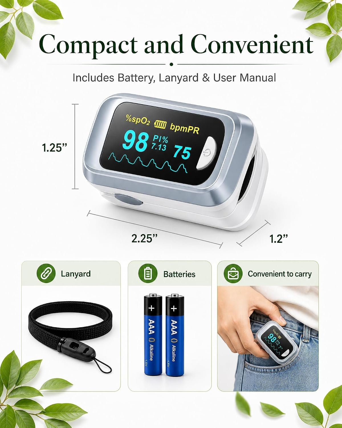 Fingertip Pulse Oximeter Blood Oxygen Saturation Monitor Pulse Ox, Heart Rate and Fast Spo2 Reading Oxygen Meter with OLED Screen Included Lanyard and 2 X AAA Batteries