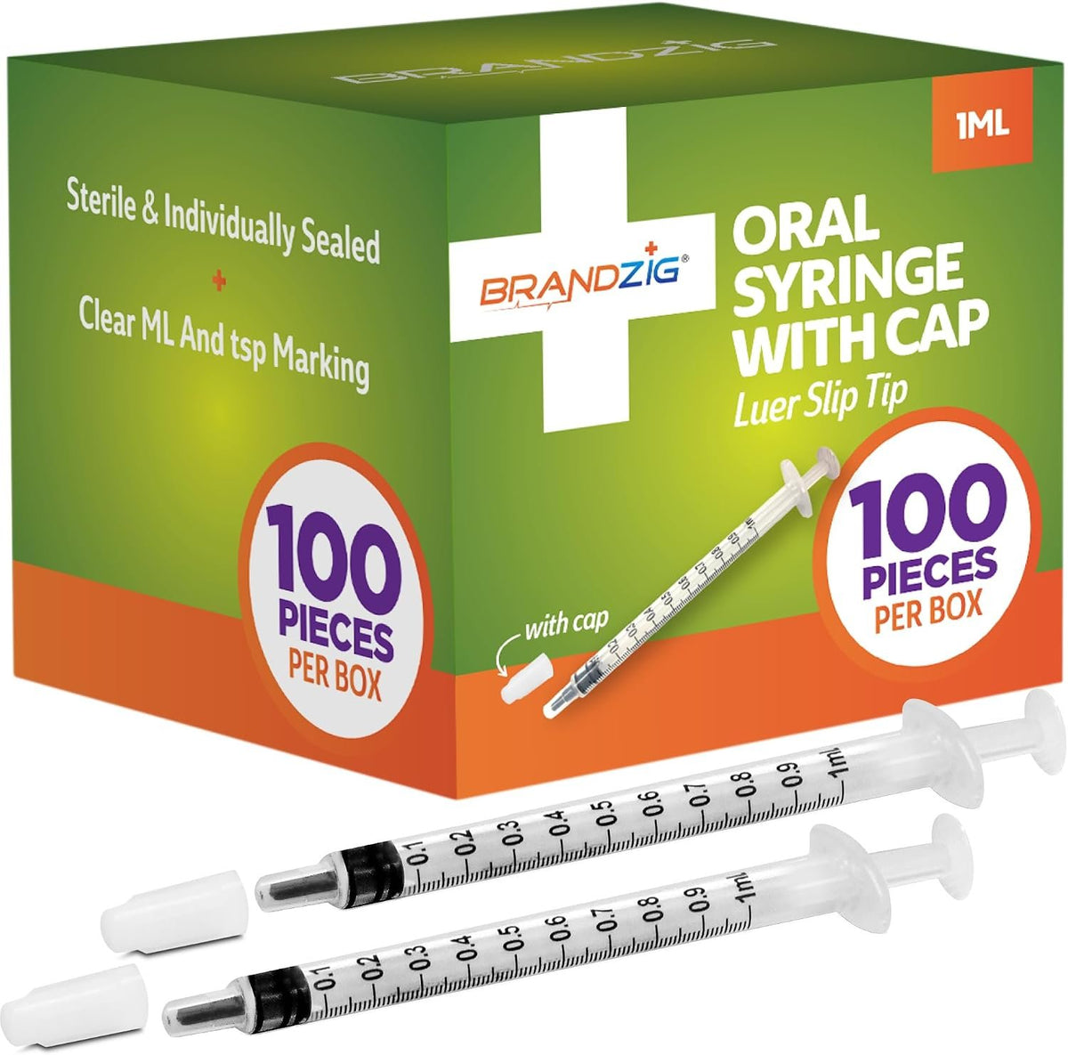 1ml Syringe with Cap (100 Pack) | Oral Dispenser Without Needle, Luer Slip Tip, | Sterile Individually Wrapped Medicine Dropper for Infants, Pets and Colostrum Collector