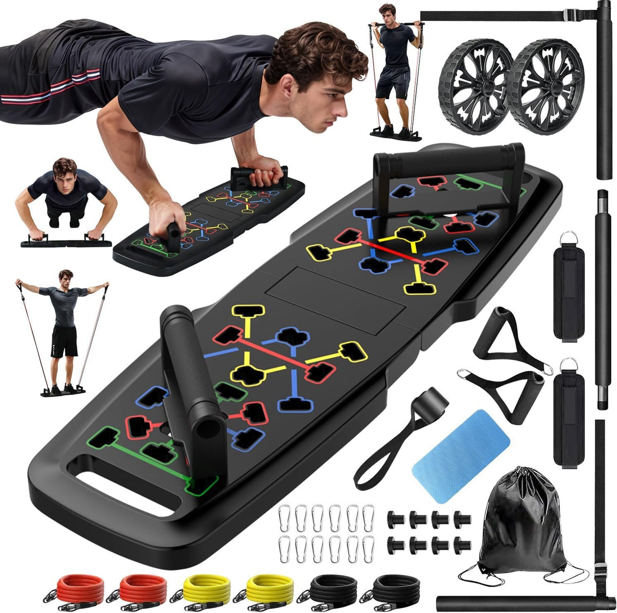 MQRW Push Up Board,Home Gym,Portable Exercise Equipment,Pilates Bar and 20 Fitness Accessories with Resistance Bands and Ab Roller Wheel,Full Body Workout at Home