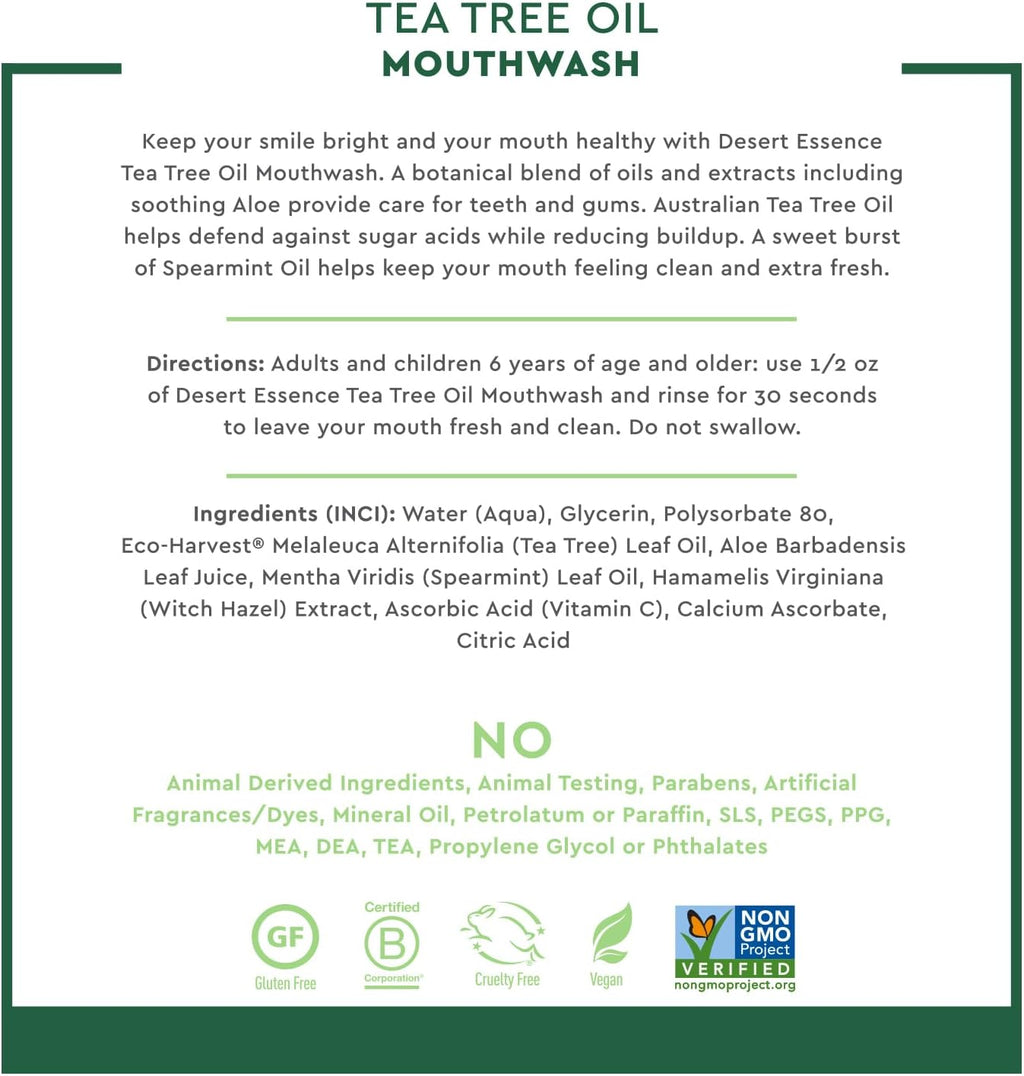 Desert Essence Tea Tree Oil Alcohol-Free Mouthwash, Spearmint, 8oz | Botanical oral rinse with tea tree oil and aloe helps freshen breath and care for teeth and gums