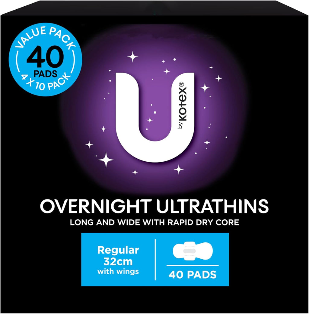 U BY KOTEX Ultrathins Overnight Pads with Wings 40 Count (4 x 10 Pack) - Packaging May Vary