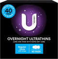 U BY KOTEX Ultrathins Overnight Pads with Wings 40 Count (4 x 10 Pack) - Packaging May Vary