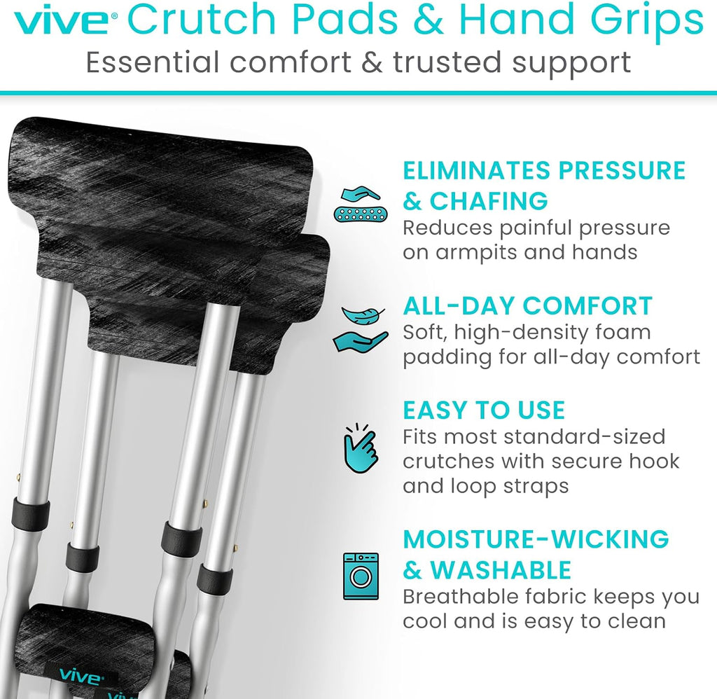 Vive Premium Crutch Pads & Hand Grips - Comfortable, Breathable | Machine Washable Padding - Moisture Wicking & Odor Reducing Pillow Accessory Covers for Adult & Youth Walking Crutches