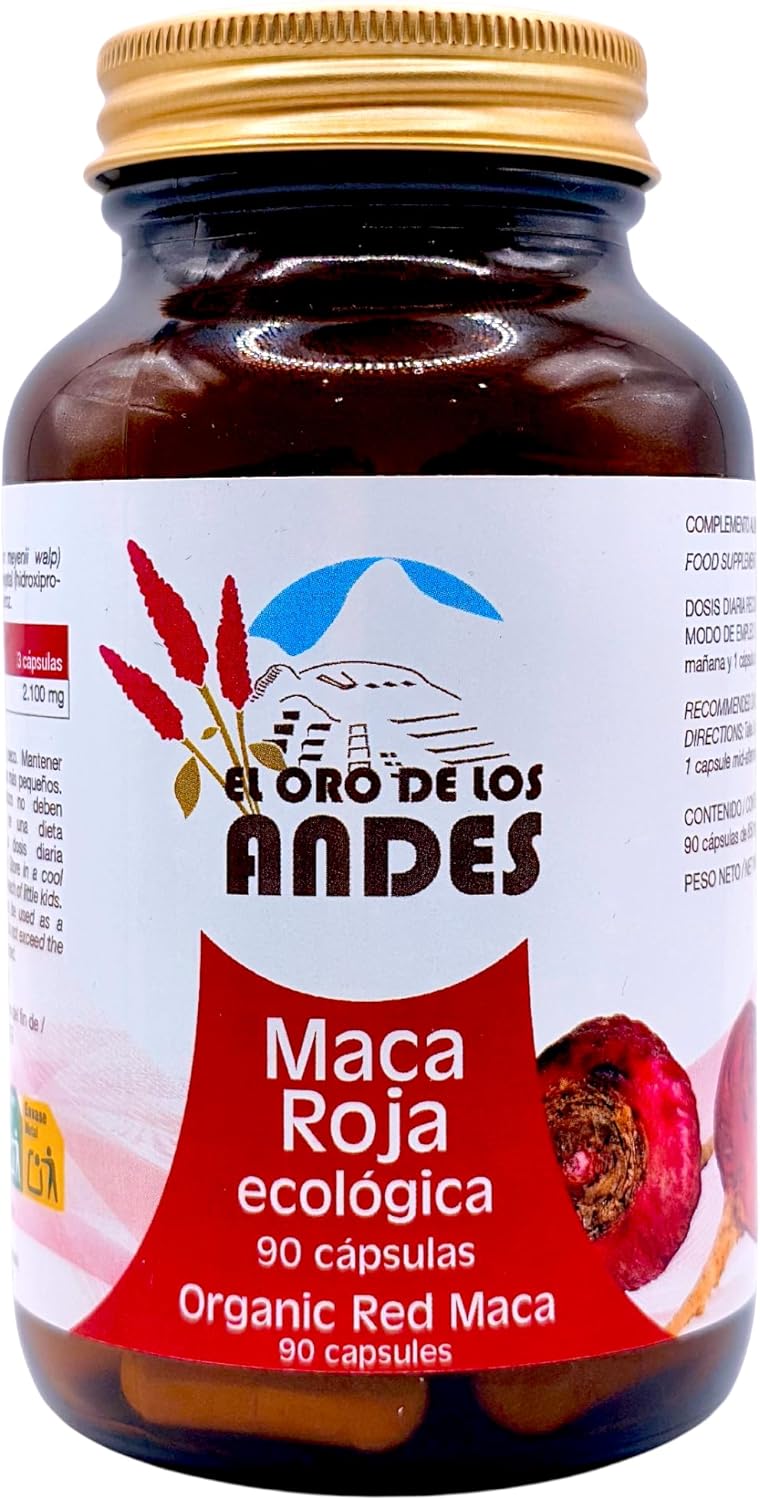 El Oro de los Andes Organic Red Maca 90 Capsules - Antioxidant Superfood for Hormonal Balance and Menopause - Bone and Prostate Protection - Vegan Andean Pure Root