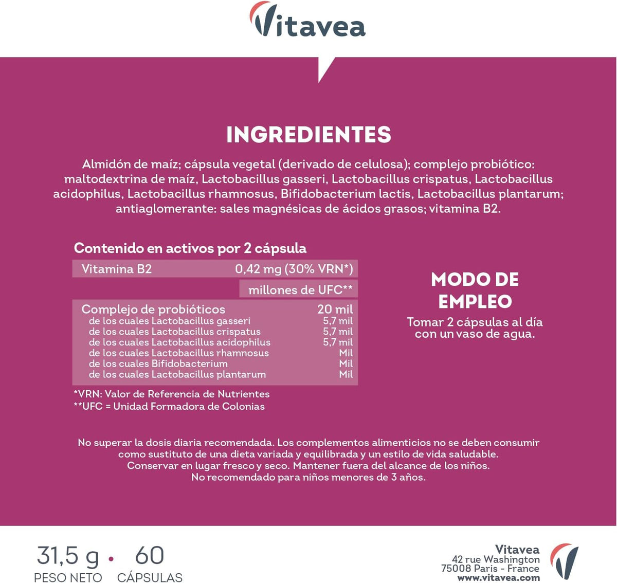 Intimate Flora Woman Probiotics - 6 Strains with Lactobacillus Gasseri, Crispatus and Acidophilus - 20 Billion CFU - With Vitamin B2 for Intimate Wellness - 60 Capsules - Vitavea