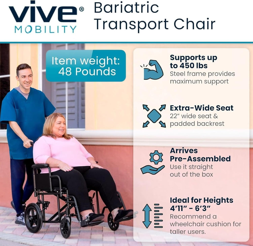 Vive Mobility Bariatric Transport Wheelchair for Adults - Supports 450lbs | Foldable, Heavy Duty Travel Wheel Chair - Portable, Transfer Aid with Swing Away Footrests & 22 Inch Wide Seat