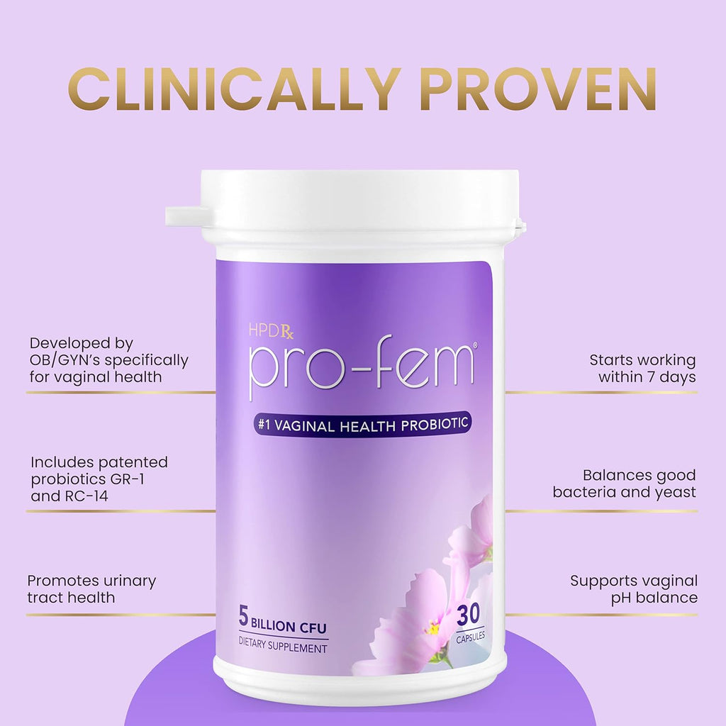 Pro-Fem - #1 Vaginal Probiotics for Feminine Health, Clinically Proven to Promote Yeast & pH Balance, Urinary Tract Health, Works in 7 Days, 30 Capsules