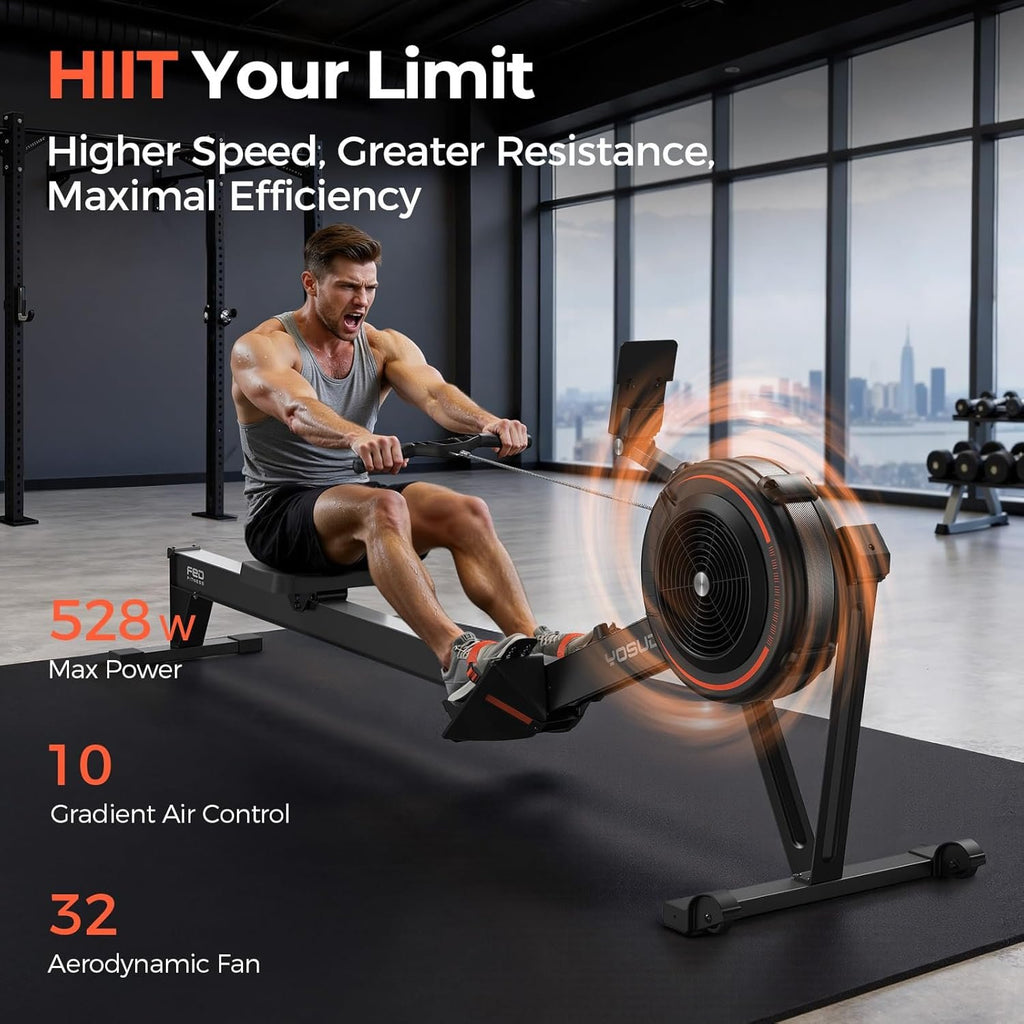 YOSUDA R2 Rowing Machine for Home, Air Rower with Self-Powered Monitor | 10 Level Resistance, Aluminum Rail, Ergonomic Seat, Easy Storage, Full Body Workout, Home Gym Equipment