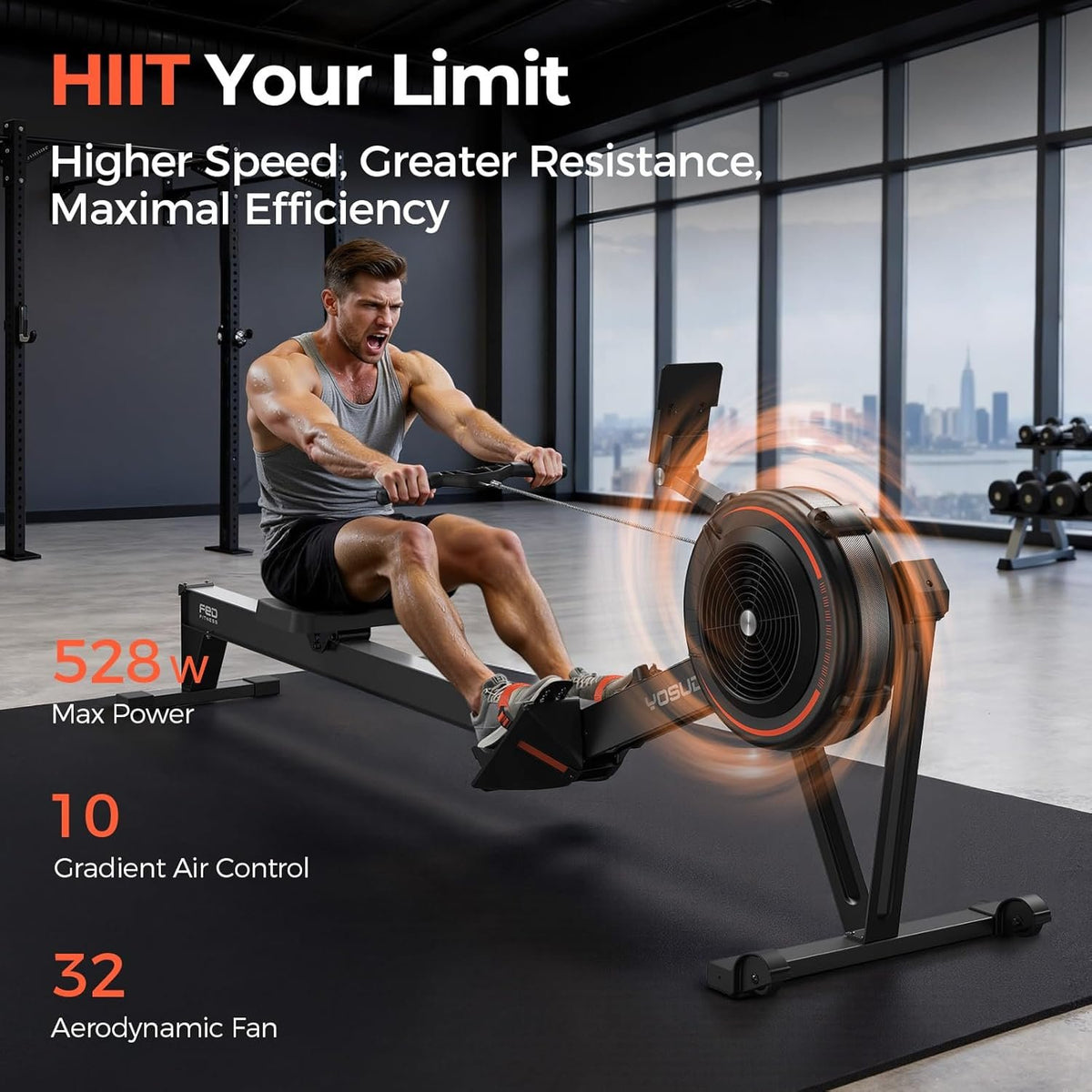 YOSUDA R2 Rowing Machine for Home, Air Rower with Self-Powered Monitor | 10 Level Resistance, Aluminum Rail, Ergonomic Seat, Easy Storage, Full Body Workout, Home Gym Equipment
