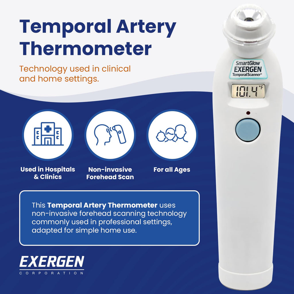 Exergen TAT-2000C Temporal Artery Forehead Thermometer for Baby Kids Adults | Displays Temperature Reading, Soft Glow, Silent Mode, Wipe Clean Sensor, 8 Reading Memory, 9V Battery Included for Family Use