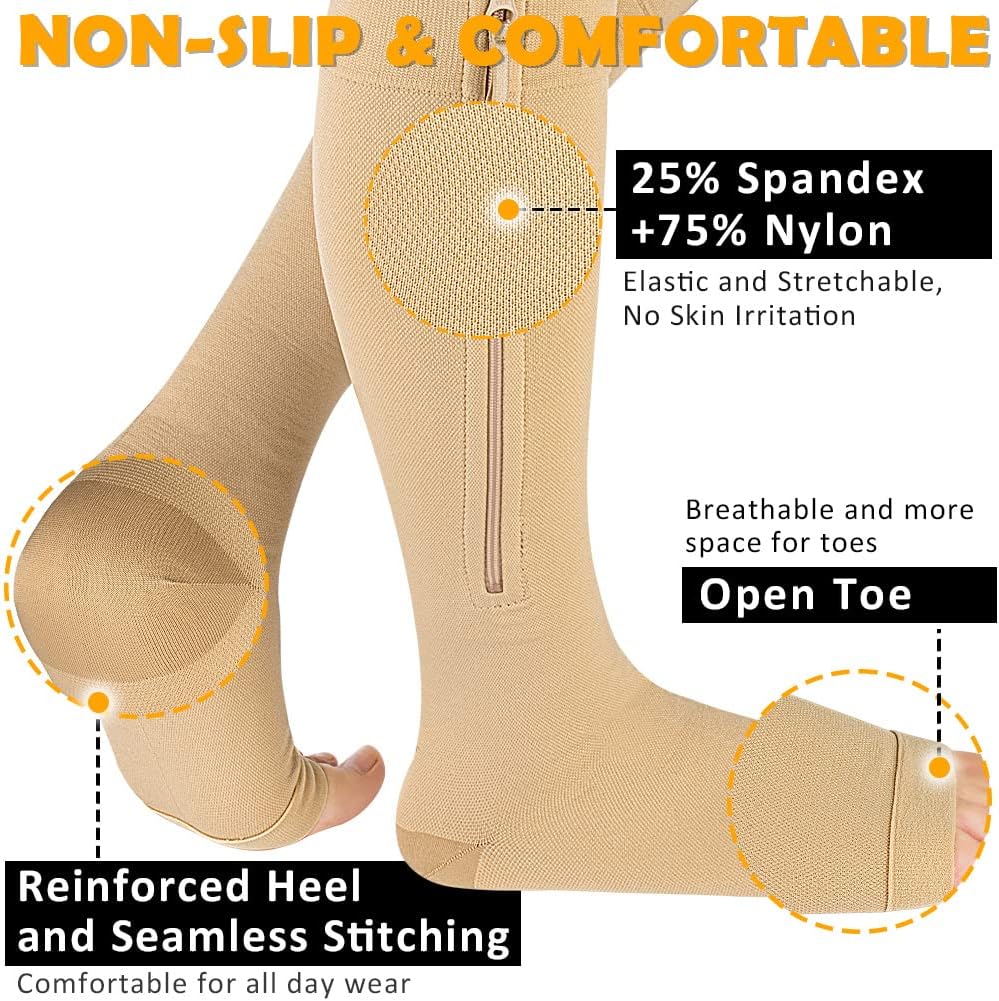 CASMON 15-20mmHg Zipper Compression Socks for Women and Men, Knee High Compression Stockings, Medical Open Toe Support Socks for Varicose Veins, Post-surgery, Swelling, Nurses, Pregnancy (1 Pair)