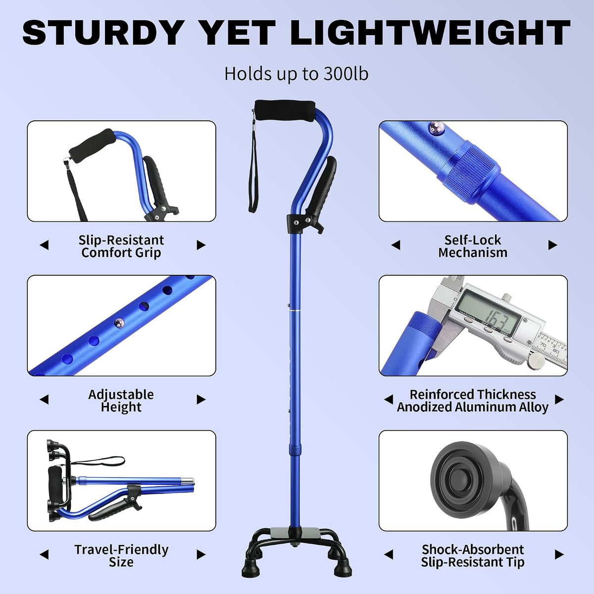 Stand Assist Walking Cane for Seniors - Foldable Adjustable Quad Cane with Second Handle for Leverage, Self Standing Walking Stick with 4-Pronged Base for Stability and Surgery Recovery
