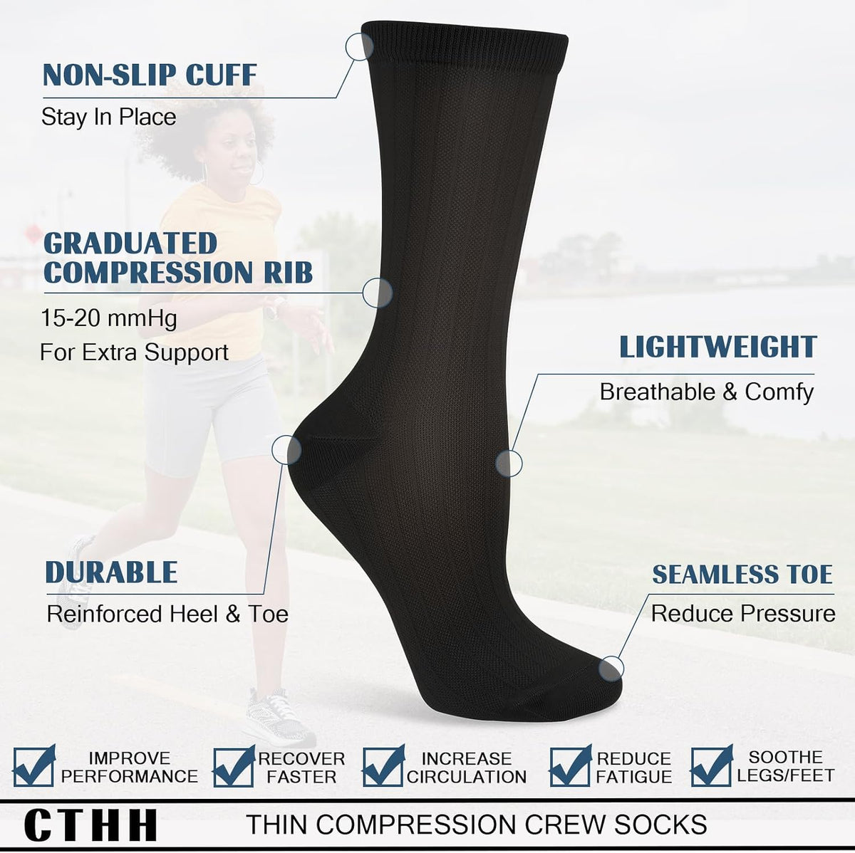 Compression Crew Socks for Women Thin Lightweight (15-20 mmHg) for Athletic Nurses Circulation Support Socks, 4 Pairs