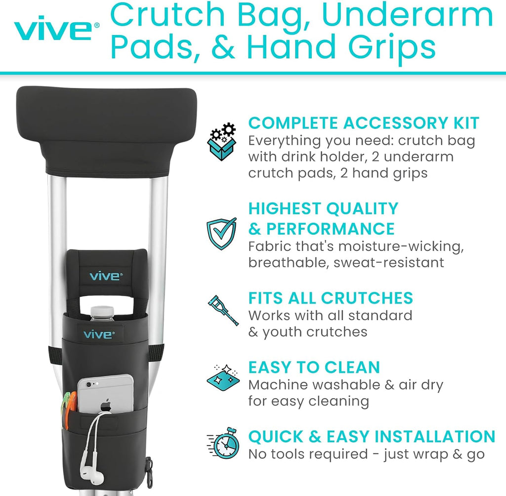 Vive Crutch Pads, Bag, & Hand Grips (5 PCS) - Crutches for Adults Armpit