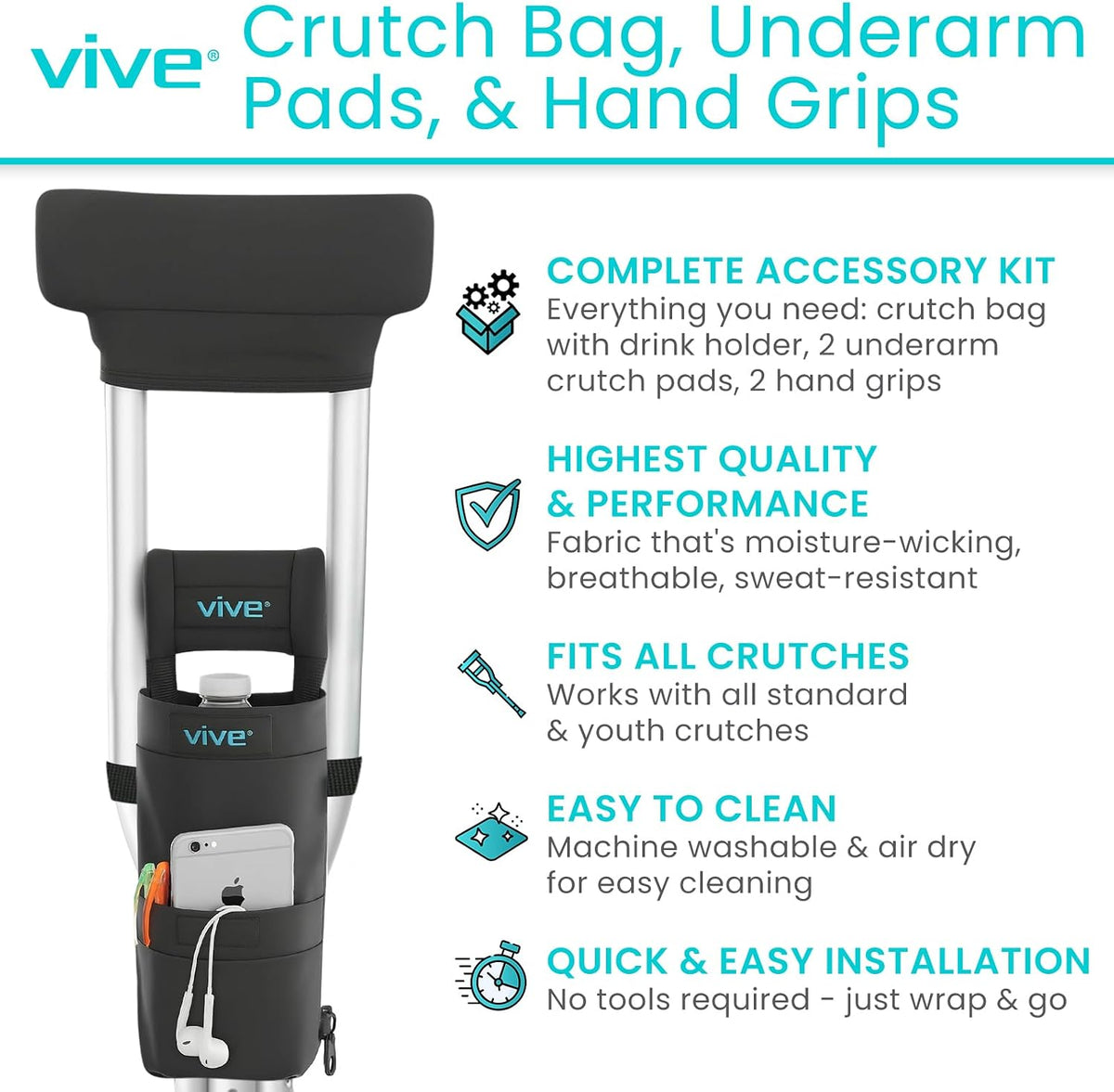 Vive Crutch Pads, Bag, & Hand Grips (5 PCS) - Crutches for Adults Armpit