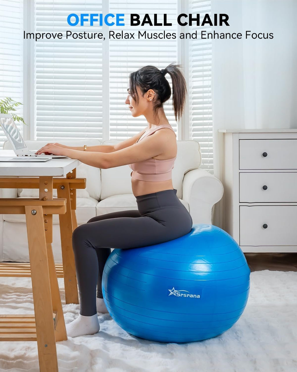 Exercise Ball - Anti-Burst Yoga Ball for Pilates, Pregnancy & Core Stability - Ergonomic Office Desk Ball Chair & Physical Therapy Equipment, Quick Pump Included
