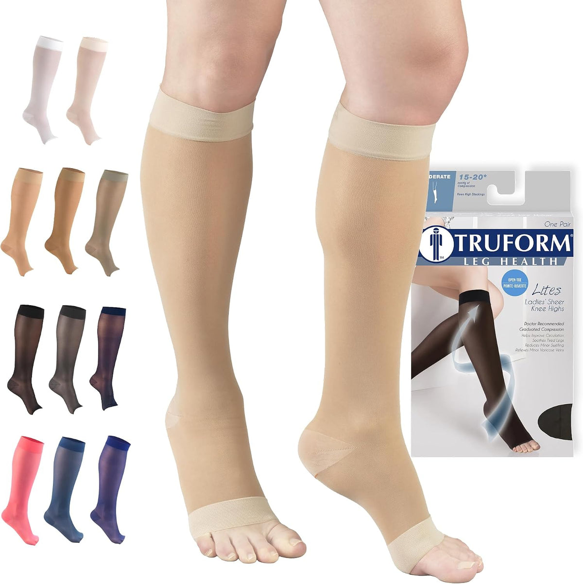 Truform Sheer Compression Stockings, 15-20 mmHg, Women's Knee High Length, Open Toe, 20 Denier, Medium