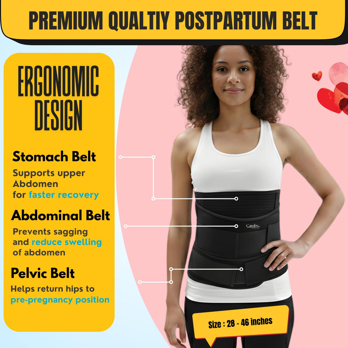 Camby 3 in 1 Postpartum belt after delivery for Post pregnancy Recovery | After Normal/C-section delivery | Maternity Abdominal Binder | Postnatal shapewear (Free Size) (Black)